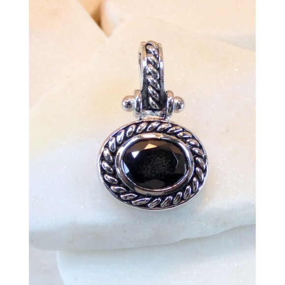 VTG Black Onyx Sterling Silver Oval Detailed Hinged Pendant - Picture 1 of 7